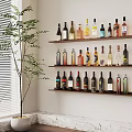 Wooden Wine Shelves Displaying Various Bottles Near Window Blinds Potted Plant And Marble Counter