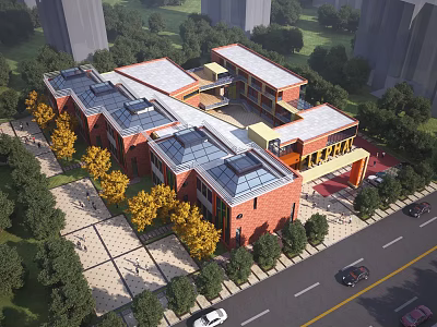 Modern Red Brick School Building With Glass Roof Spacious Yard And Greenery Along Road 3d model