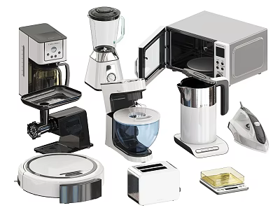 Essential Daily Electrical Appliances Including Microwave Coffee Maker Blender Toaster and Vacuum Cleaner 3d model