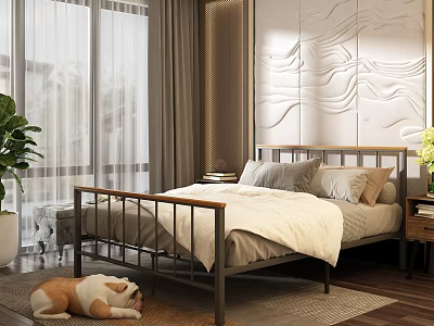 Modern Double Bed Bedroom Interior With Metal Frame Wooden Floor Wavy Textured Wall And Curtains 3d model