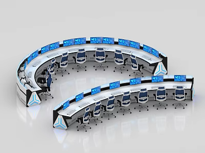 Modern Control Room With Curved Console Multiple Screens And Ergonomic Chairs 3d model