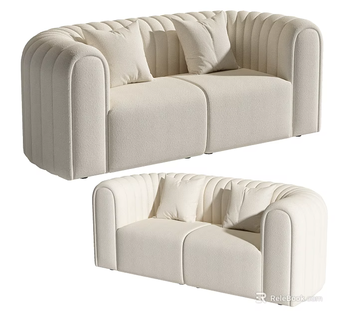 Cream Colored Two Seater Sofa With Vertical Tufted Design And Square Cushions 3d model 