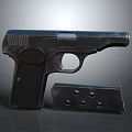 Detailed Black Metal Pistol With Detachable Magazine On Gray Background Surface