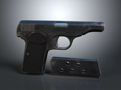 Detailed Black Metal Pistol With Detachable Magazine On Gray Background Surface 3d model