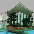 Green Themed Outdoor Event Setup With Food Truck LOGO Sign Water Feature Tent And Plants 3d model