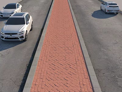 Urban Road Infrastructure With Two-Way Lanes Red Brick Pavement And Parked Cars 3d model