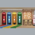 Vibrant Colored Mailboxes Interior With Wooden Background Bulletin Board Stools And Sign