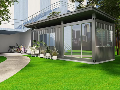 Modern Container Building With Large Glass Windows On Green Lawn With Outdoor Tables And Chairs 3d model