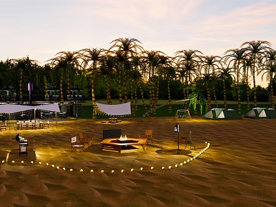 Tropical Garden Landscape With Palm Trees Sandy Ground Fire Pit And String Lights 3d model