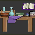 Wooden Table with Open Purple Book Green Books Blue Vase Red Bowl and Purple Cloth
