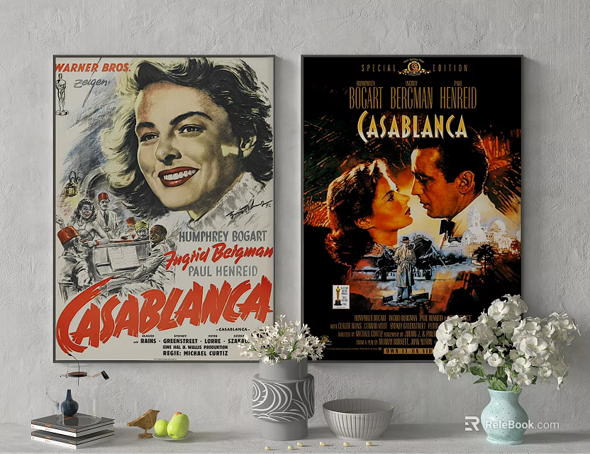 Vintage Casablanca Movie Posters Featuring Classic Character Portraits On Wall Decor For Room 3d model 