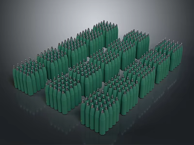 Green Military Bullets Neatly Stacked in Multiple Rows as Weapon Ammunition 3d model
