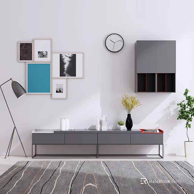 Modern Gray TV Stand With Framed Pictures Wall Clock Floor Lamp And Potted Plant 3d model 