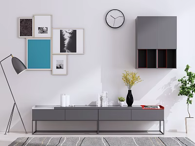 Modern Gray TV Stand With Framed Pictures Wall Clock Floor Lamp And Potted Plant 3d model