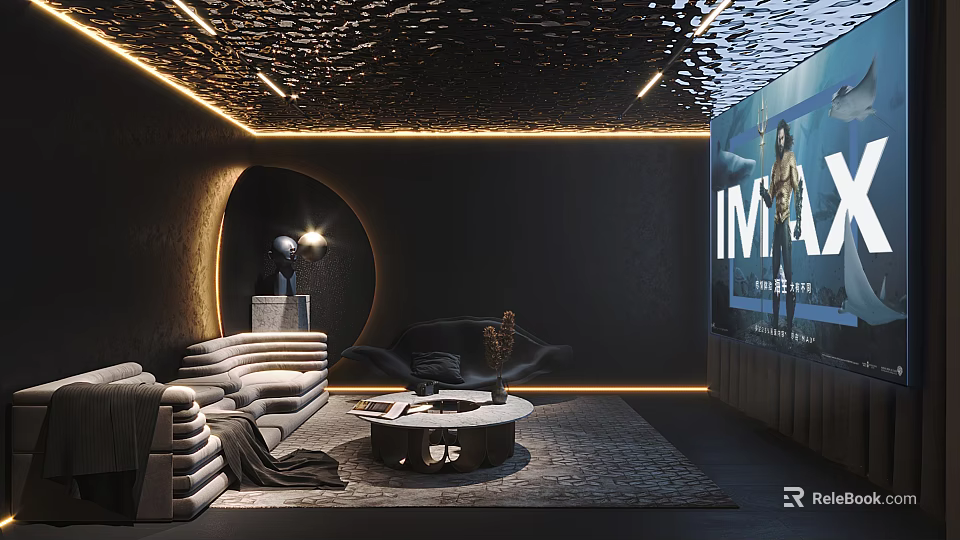 Modern Luxury Home Theater With Large Projection Screen Comfortable Sofa And Ambient Lighting 3d model 