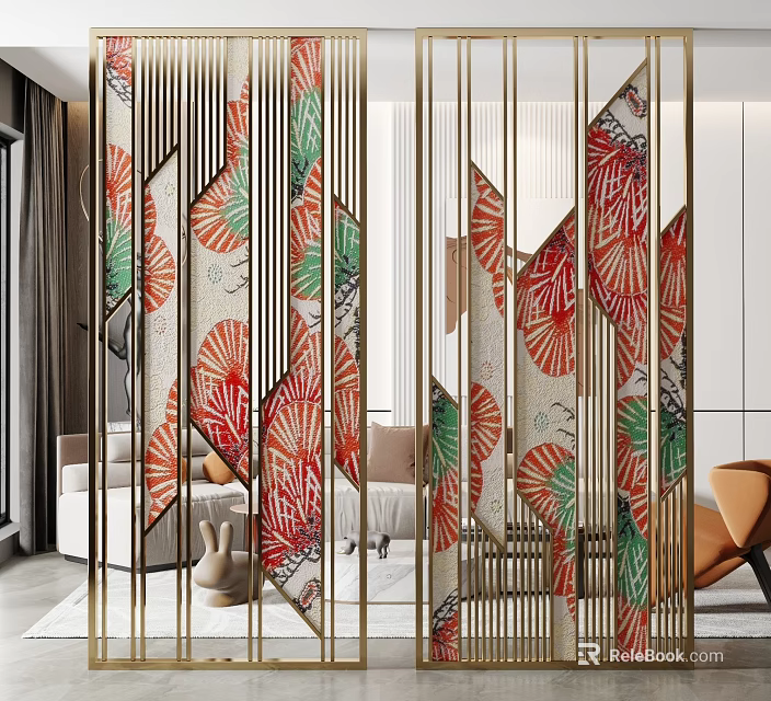 Modern Decorative Room Divider With Gold Frame And Colorful Leaf Patterns 3d model 