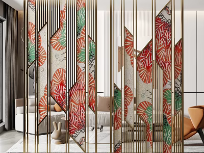 Modern Decorative Room Divider With Gold Frame And Colorful Leaf Patterns 3d model