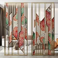Modern Decorative Room Divider With Gold Frame And Colorful Leaf Patterns