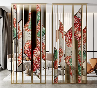 Modern Decorative Room Divider With Gold Frame And Colorful Leaf Patterns 3d model