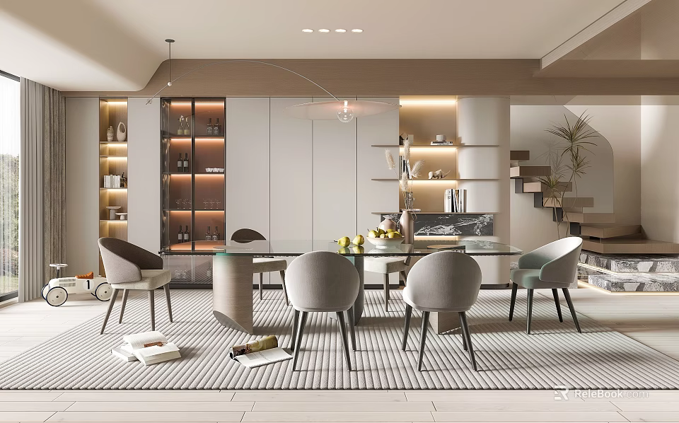 Modern Restaurant Interior With Dining Table Gray Chairs Open Shelves And Decorative Lights 3d model