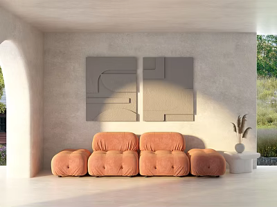 Orange Multi person Sofa In Modern Living Room With Abstract Wall Art And Natural Light 3d model