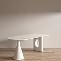 Modern Minimalist Dining Table With Marble Top And Conical Cylindrical Legs On Wooden Floor