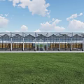 Large Modern Glass Greenhouse Structure With Transparent Panels And Grass Surroundings