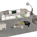 Modern Living Room Sofa Coffee Table Set With Armchair Ottoman Floor Lamp And Green Plant