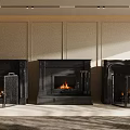 Three Black Fireplaces With Burning Fire In Sunlit Interior And Paneled Walls