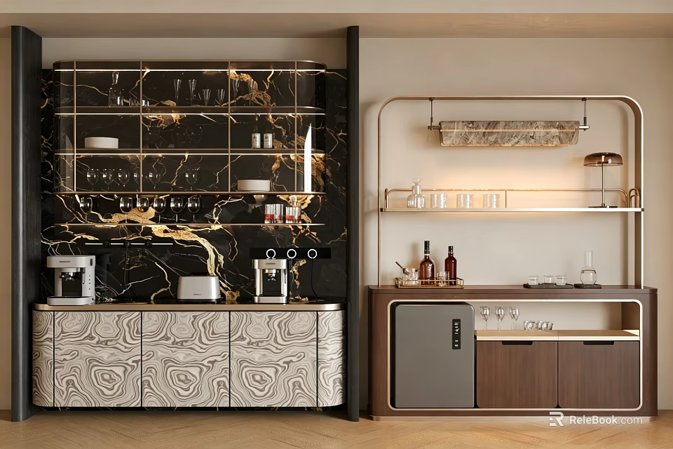 Elegant Modern Wine Cabinet With Glass Shelves And Marble Design Displaying Wine Bottles 3d model 