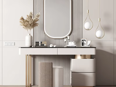 Minimalist Dressing Table With Oval Mirror Pendant Lights And Striped Backdrop 3d model