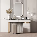 Minimalist Dressing Table With Oval Mirror Pendant Lights And Striped Backdrop 3d model