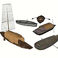 Traditional Wooden Boats With Sail Oars And Various Designs On White Background