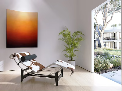 Modern Chaise Lounge In Bright Indoor Room With Orange Painting Potted Plant And Garden View 3d model