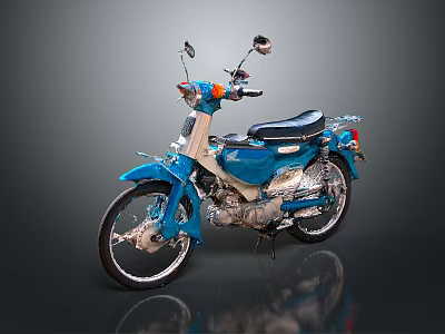 Blue Classic Motorcycle With Black Seat And Shiny Wheels On Dark Background 3d model