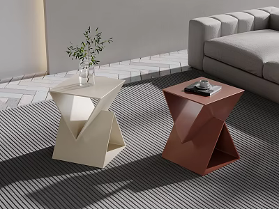 Two Angular Side Tables Cream White Red With Sofa On Striped Rug And Potted Plant 3d model