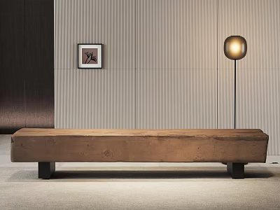 Long Rustic Wooden Bench With Black Legs In Modern Interior Space 3d model