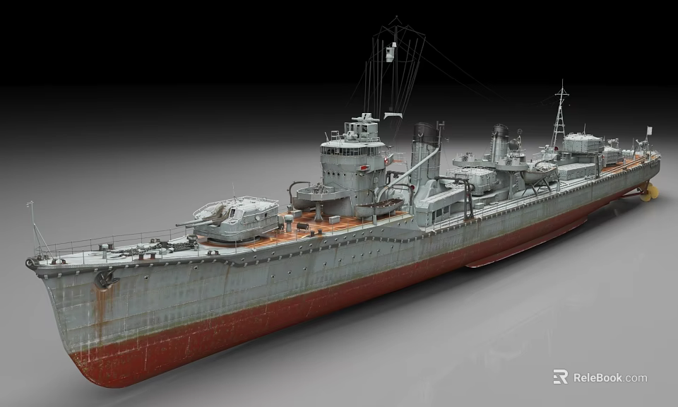 Vintage Warship Model With Gray Red Hull And Detailed Deck Equipment 3d model 