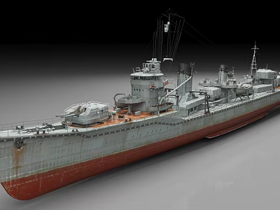Vintage Warship Model With Gray Red Hull And Detailed Deck Equipment 3d model