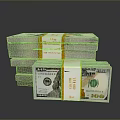 Stacks of 200 Dollar Bills Bundled with Yellow Tape on Gray Surface