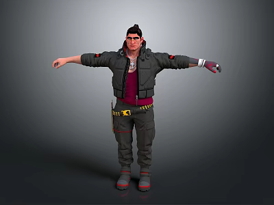Stylish 3D Male Character In Gray Jacket Maroon Vest With Yellow Tool Belt Arms Outstretched 3d model