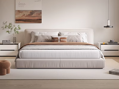 Modern Minimalist Double Bed With Upholstered Headboard Nightstands And Decorative Pillows 3d model