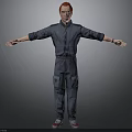 3D Character Model With Red Hair Blue Jumpsuit Arms Outstretched Gray Background