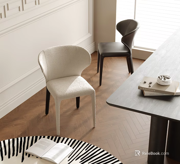 Stylish Beige And Black Dining Chairs With Wooden Floor Table Books And Bright Window Light 3d model 