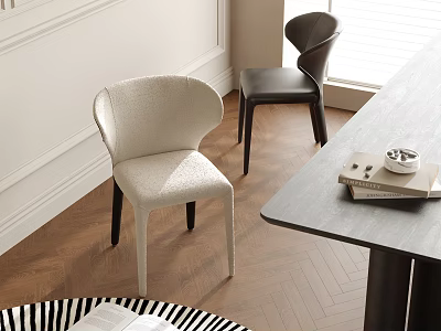 Stylish Beige And Black Dining Chairs With Wooden Floor Table Books And Bright Window Light 3d model