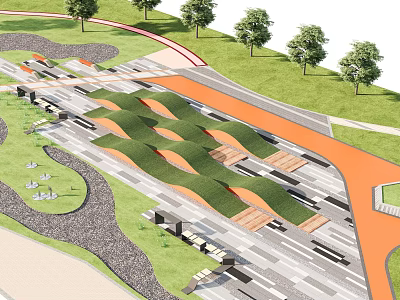 Scenic Urban Park Landscape Design With Undulating Green Lawns Trees And Walkways 3d model