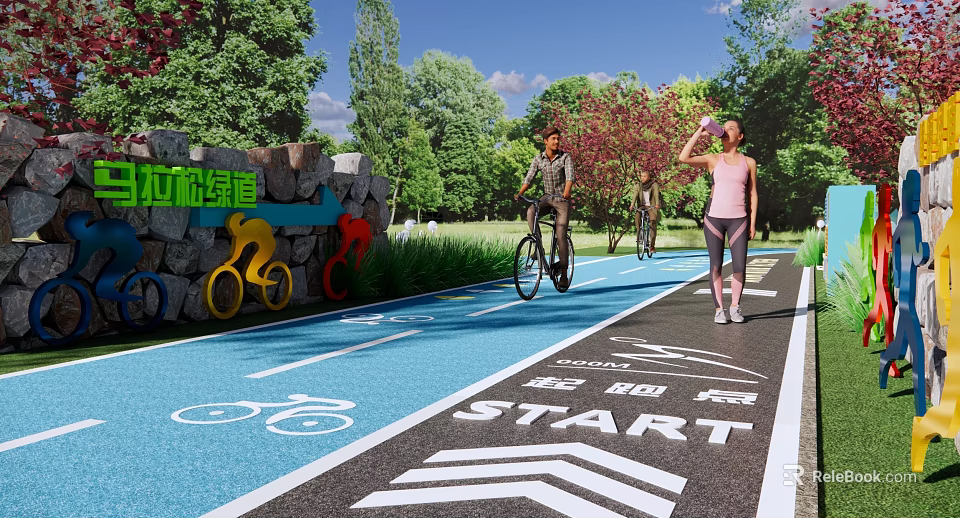 Tree Lined Greenway Road Facilities With Bicycle Lane Walking Path Start Sign And Arrow Indicators 3d model 