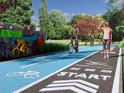 Tree Lined Greenway Road Facilities With Bicycle Lane Walking Path Start Sign And Arrow Indicators 3d model