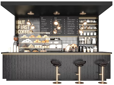 Coffee Shop Functional Bar Table With Coffee Machine Pastries Stools And Wall Decor 3d model