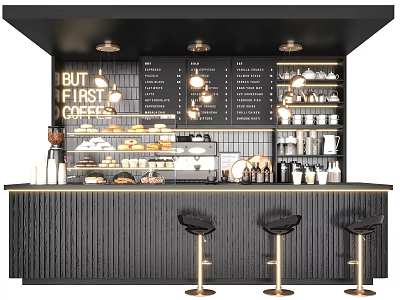 Coffee Shop Functional Bar Table With Coffee Machine Pastries Stools And Wall Decor 3d model